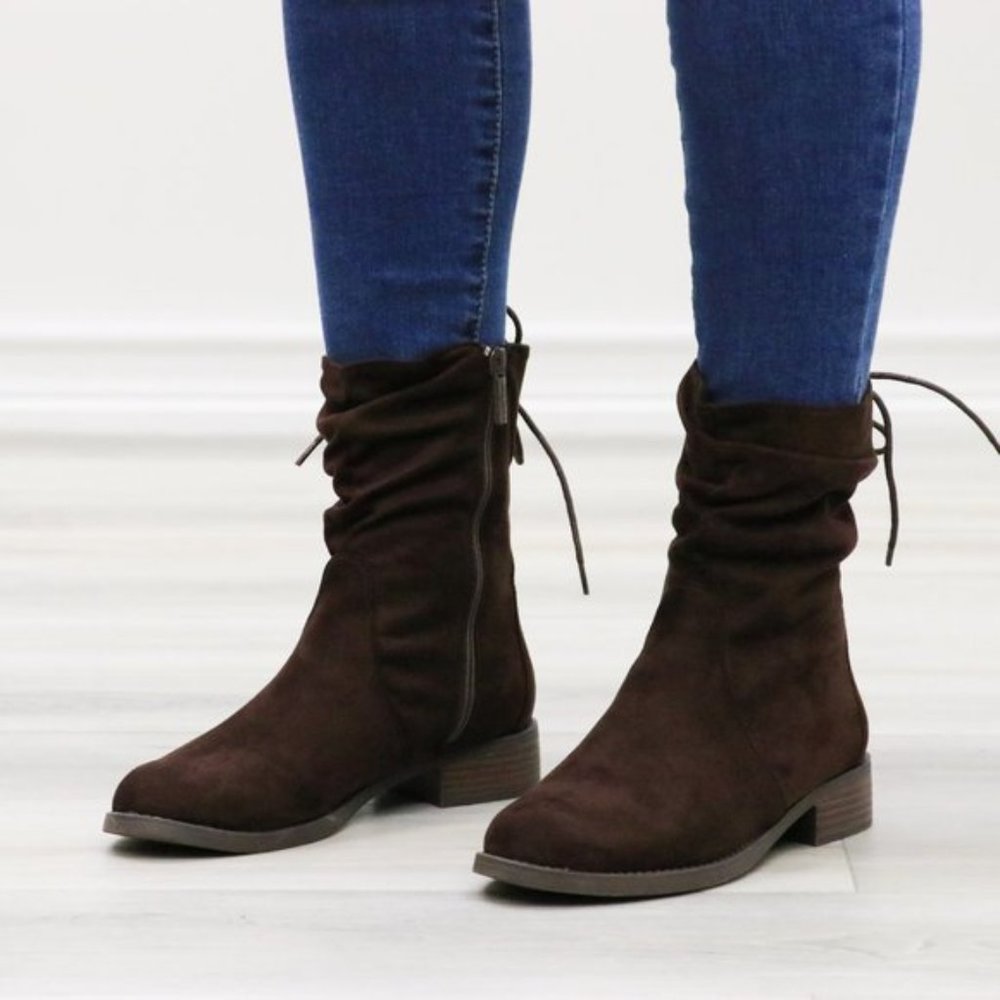 Brown Round Toe Suede Ankle Booties With Lace Back - Picture 5 of 15